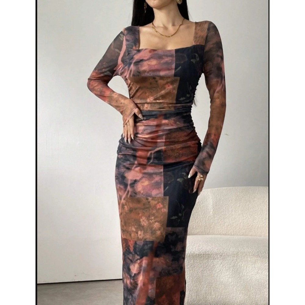 Women's Mesh Bodycon Maxi‎ Dress M Floral Square Neck Fairy Grunge Whimsigoth